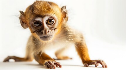 Curious monkey exploring its surroundings against a pure white backdrop, its agile posture and inquisitive gaze making for a captivating photograph.