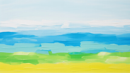 Obraz premium Minimalist landscape art with blue sky, green grass, and yellow sand