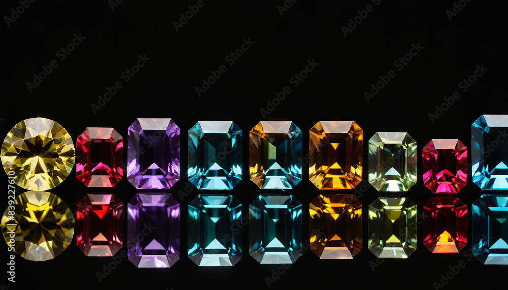 Poster a row of ten colorful square diamonds with reflections on a black background