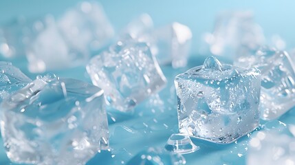 Obraz premium A closeup of ice cubes on light blue background, showcasing their crisp and refreshing appearance. creating an atmosphere that evokes coolness and freshness.