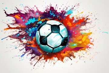 Vibrant and creative depiction of a soccer ball with a dynamic, multicolored paint splash background