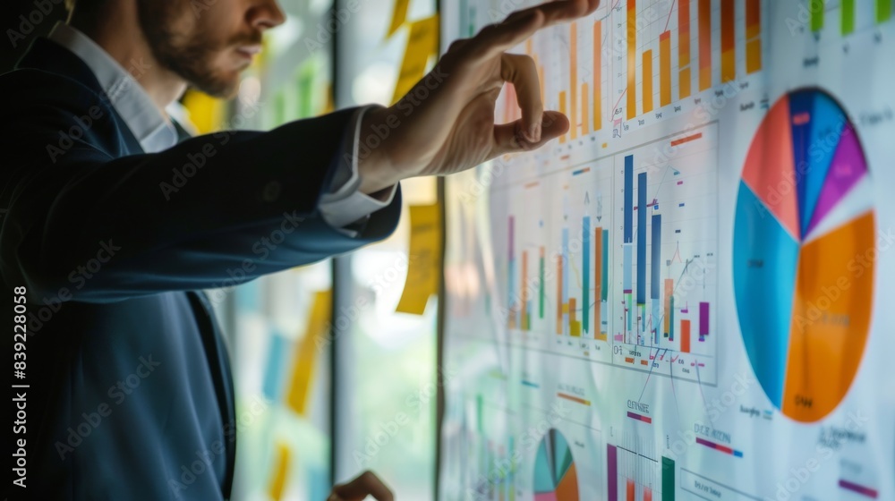 Aufkleber a businessman explaining a complex business graph to his team during a meeting, fostering understand