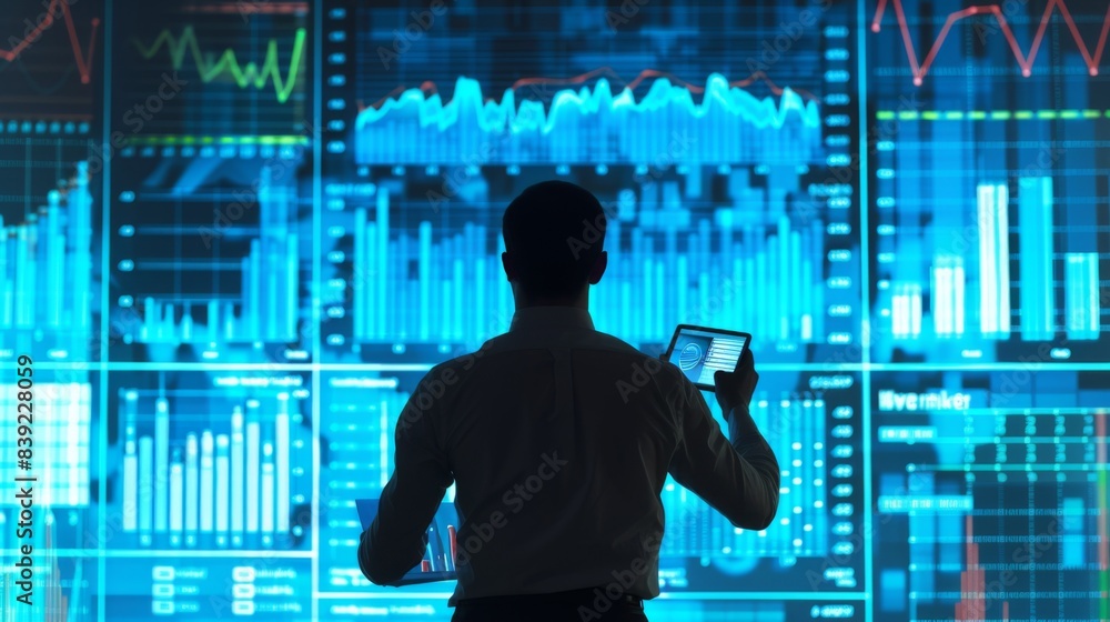Poster A businessman giving a presentation with a projector screen displaying business graphs and charts, conveying insights and analysis