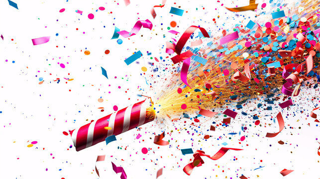 Festive firecracker exploding with colorful confetti and ribbons, isolated on white