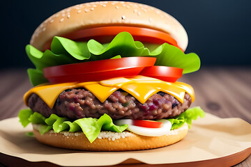 burger fries wooden french fast food bun cheese cheeseburger classic eat fresh hamburger isolated ketchup lettuce meal meat minced onion salad sandwich sesame snack tomatoes vegetable