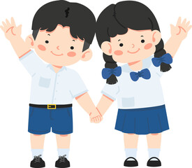 Kid waving hands and saying hi or bye to school