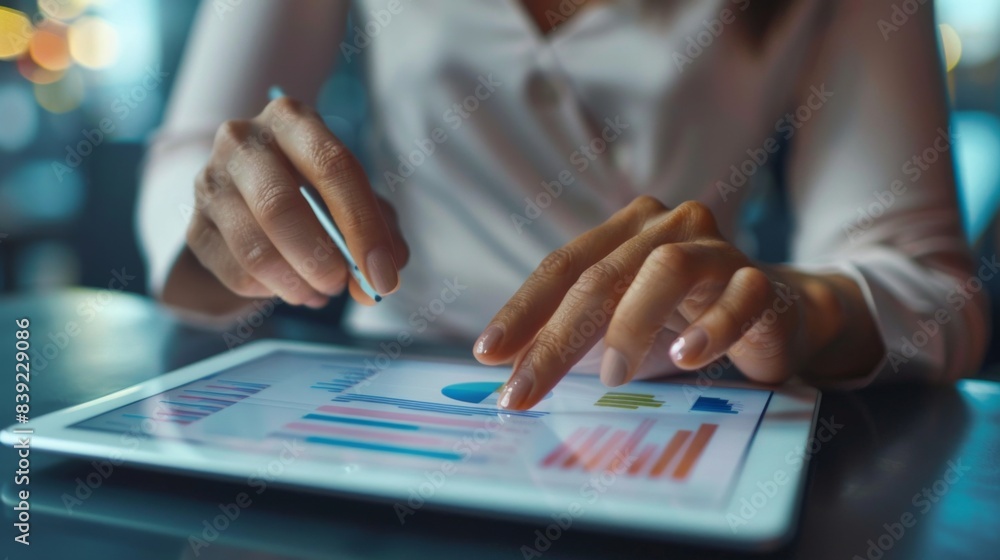 Poster A businesswoman analyzing financial graphs and charts on a digital tablet, making strategic decisions based on data