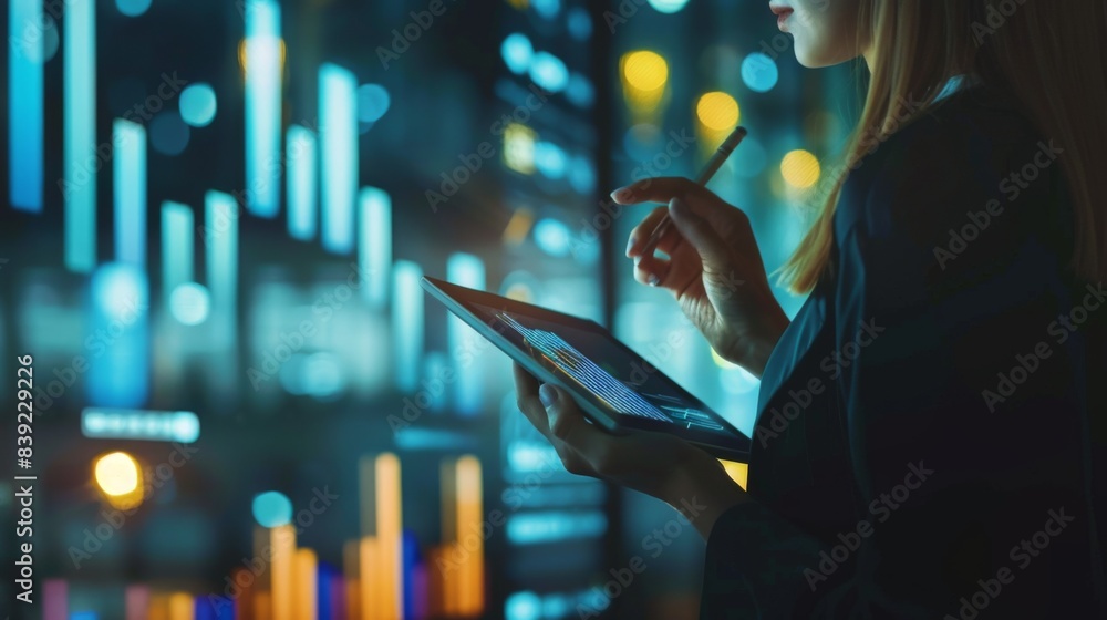 Poster a businesswoman analyzing financial graphs and charts on a digital tablet, making strategic decision