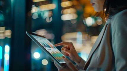 A businesswoman analyzing financial graphs and charts on a digital tablet, making strategic decisions based on data
