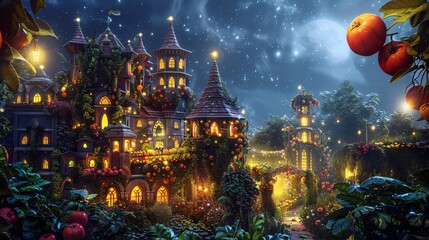 Obraz premium Low-angle view of a grand kingdom made entirely of exotic fruits and vegetables