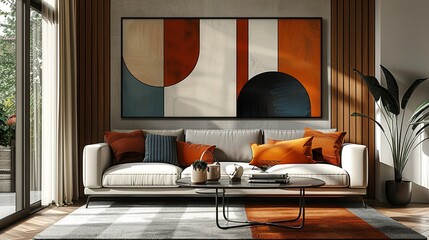 A large abstract art piece in muted tones, hanging above the sofa to add a focal point and a sense of sophistication to the room. Flat color illustration, shiny, Minimal and Simple,