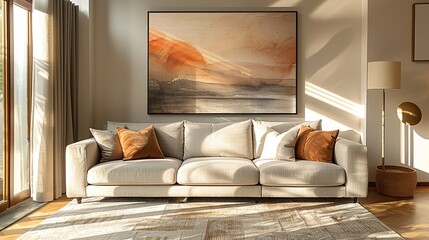 A large abstract art piece in muted tones, hanging above the sofa to add a focal point and a sense of sophistication to the room. Flat color illustration, shiny, Minimal and Simple,