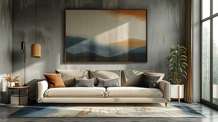 A large abstract art piece in muted tones, hanging above the sofa to add a focal point and a sense of sophistication to the room. Flat color illustration, shiny, Minimal and Simple,