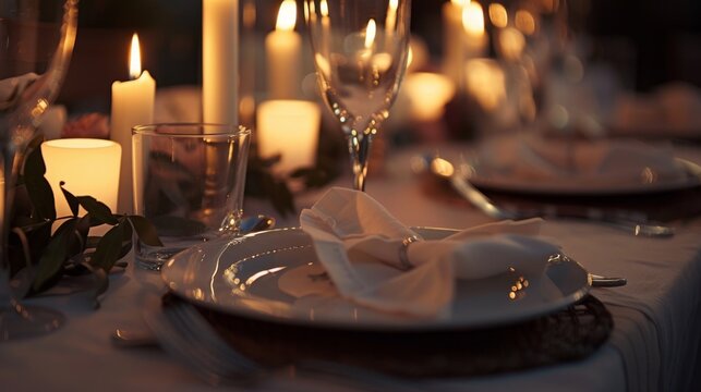 A candlelit dinner setting with elegant tableware and flickering candles, casting a romantic glow over a beautifully set table