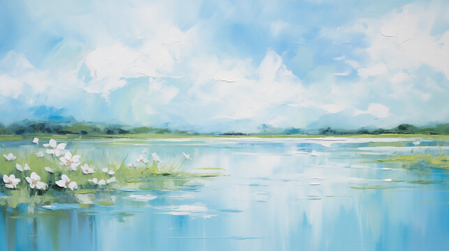 Serene lake landscape art with white flowers