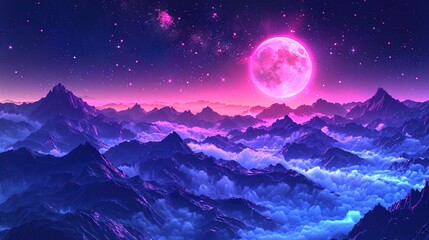 Abstract fantasy hexagonalneon space landscape. Star nebulae, month and moon, mountains, fog. Unreal fantasy world. Silhouettes, horoscope, zodiac signs 