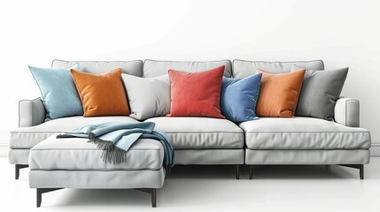 A pair of decorative throw pillows in contrasting colors and textures, adding a pop of color and visual interest to the gray sectional sofa. Flat color illustration, shiny, Minimal and Simple,