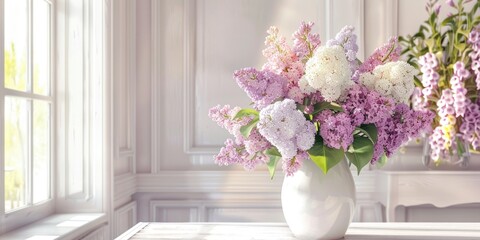 lilac foxglove flowers in white vase interior home decoration, ai