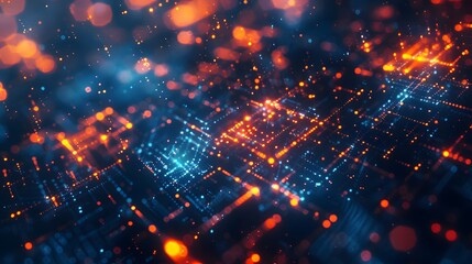 Fototapeta premium A digital background featuring an array of glowing, translucent code elements floating in the air against a dark blue and orange lighting. technological innovation and complexity.