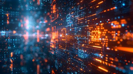 A digital background featuring an array of glowing, translucent code elements floating in the air against a dark blue and orange lighting. technological innovation and complexity.