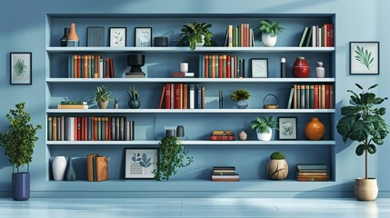 A modern bookshelf with open shelves and a minimalist design, housing a curated collection of books, decorative objects, and plants. Flat color illustration, shiny, Minimal and Simple,
