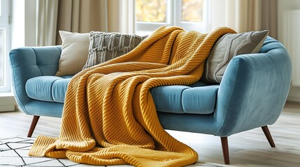 A cozy throw blanket draped over the arm of the sectional sofa, in a soft, textured fabric that invites relaxation and comfort. Flat color illustration, shiny, Minimal and Simple,