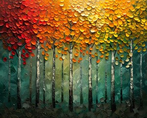 Fall forest scene with trees in vibrant autumn colors, with detailed palette knife strokes, set against a richly textured dark green background, Abstract, Lively, Textured