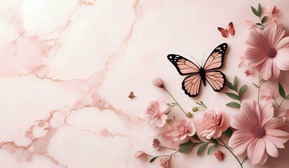 marble background with flower designs and butterfly silhouette, wall decoration in pink tones