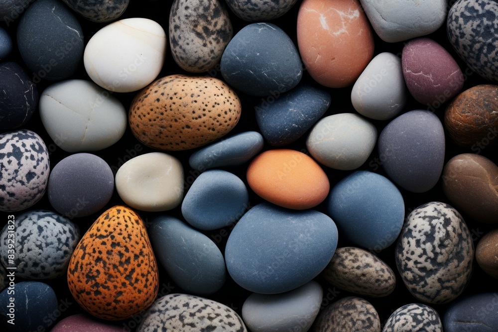Poster top view of a diverse array of smooth stones and pebbles with various colors and patterns