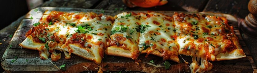 Freshly baked pizza on a rustic wooden board with melted cheese, herbs, and toppings, ready for a delicious meal.