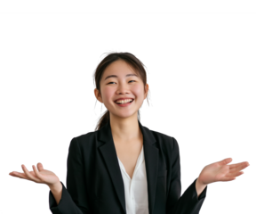 Young Japanese Businesswoman Presenting and Smiling on Transparent Background