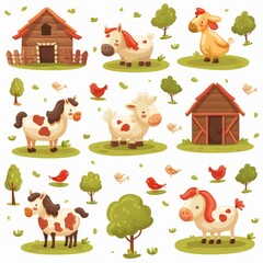 Cute farm animals illustration featuring cows, horses, birds, and barns in a whimsical, colorful style. Perfect for children's designs and decor.
