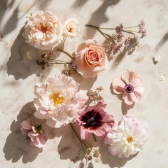top shot flatlay flowers on white background with shadows, ai