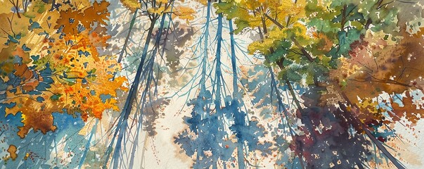 Wide-angle view of a serene forest, seen from a birds-eye perspective, vibrant autumn foliage in watercolor, natural sunlight casting long shadows, serene and tranquil atmosphere