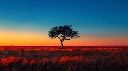 Naklejka premium A lone tree stands tall in the middle of an open field, its branches reaching out towards the clear blue sky above it.This scene captures nature's beauty and tranquility in all their glory. 
