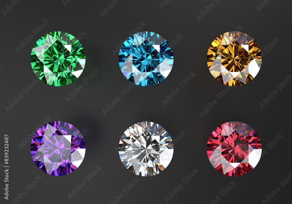 Poster colorful diamond gems isolated on top view black background 3d rendering