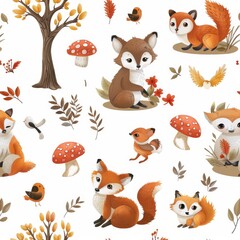 Naklejka premium Cute woodland animals and nature elements seamless pattern including foxes, birds, mushrooms, and trees.