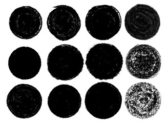 
Black grunge round shapes isolated on a white background. Hand drawn circular brush strokes. Set of chalk circle shapes. Graffiti stamps. Distressed round shapes. Vector Illustration.