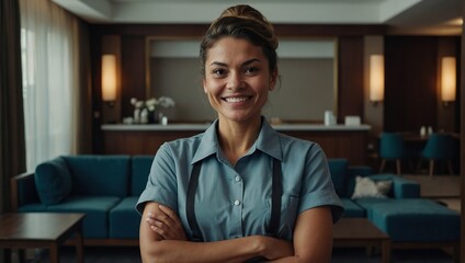 Fototapeta premium Portrait of happy hotel housekeeper with her arms crossed looking at camera