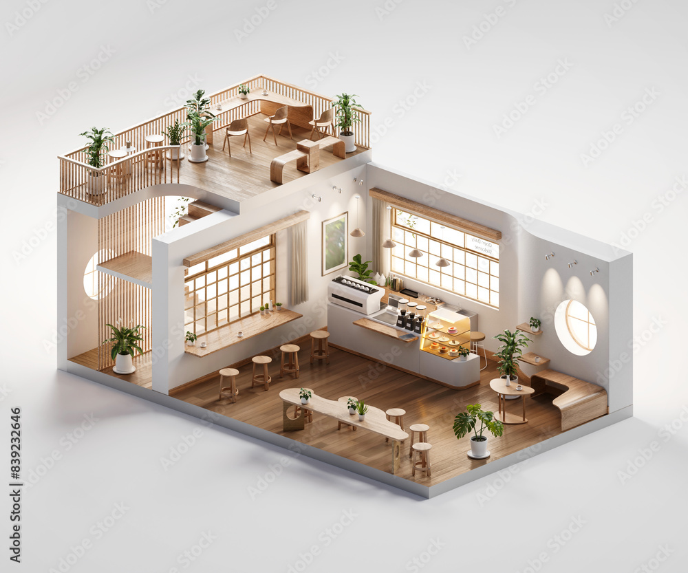 Poster isometric room minimal cafe store open inside interior architecture 3d rendering