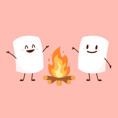 Marshmallow character. Marshmallow piece on skewer roasting on forest bonfire. bonfire vector. Marshmallow cartoon vector. 