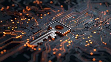 Secure your business's future with this captivating stock image of a 3D key on a circuit board. Symbolizing technology, protection, and security at hand.