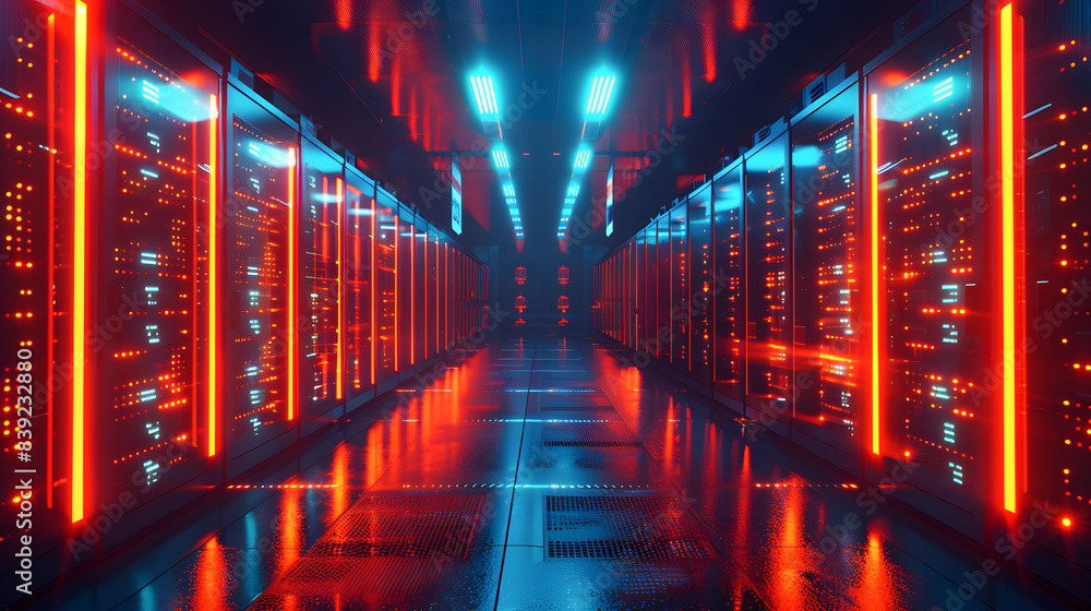 Poster depict a state of the art data center with rows of server racks, cooling systems, and redundant powe