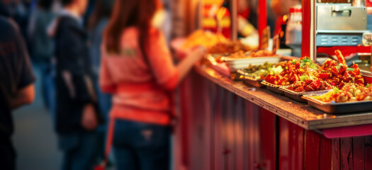Obraz premium Food truck festival with people and colorful food stands, blurred background, bokeh effect,
