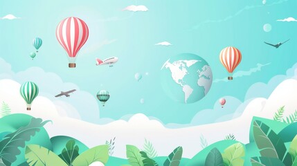 Obraz premium background for a main slide in a presentation, clean and minimal, around the world in an air baloon themed, kids friendly, vector art 