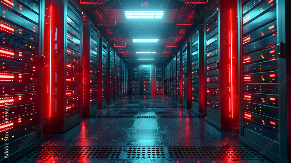 Poster depict a state of the art data center with rows of server racks, cooling systems, and redundant powe