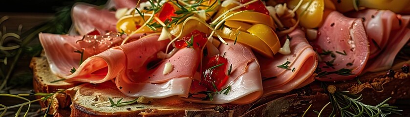 Close-up of a delicious open sandwich topped with fresh ham, colorful vegetables, and herbs on a dark background.