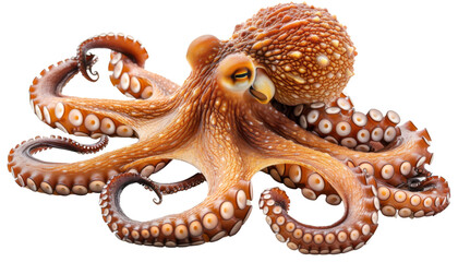 Fototapeta premium Detailed vibrant orange octopus with expressive eyes and intricate tentacles, highlighting its unique form and texture, isolated on transparent background