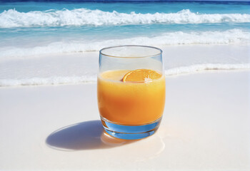 A glass of fresh juice on the sand of the azure ocean. Generative AI