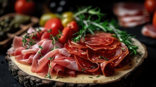 A delicious charcuterie board with assorted cured meats, fresh tomatoes, and herbs on a rustic wooden platter. Perfect for gourmet appetizers.